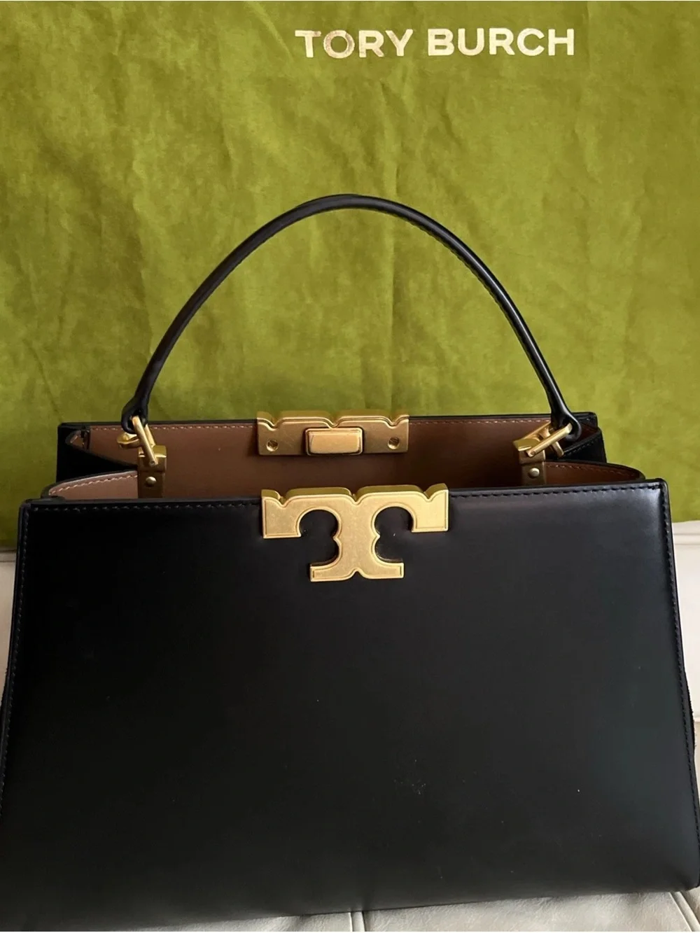 Tory Burch Black Leather Satchel with Gold Logo Hardware